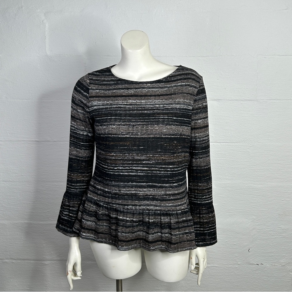 AGB Women's Top XL Gray Black Striped Long Sleeve Ruffle Career Whimsygoth